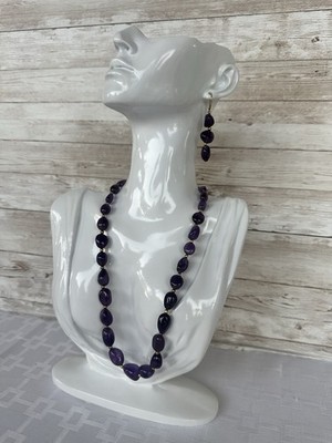 Stauer Amethyst Necklace & Earrings Set Polished Gemstone Gold Tone 18  Vintage