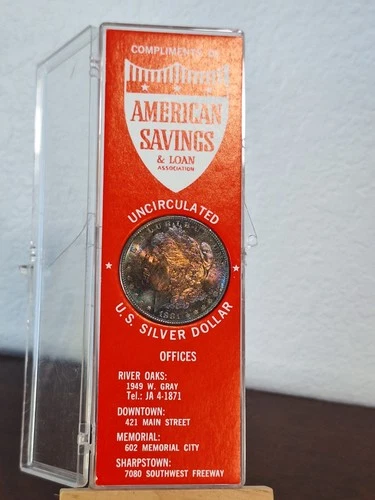 Uncirculated Morgan Silver Dollar 1881 S Toned American Savings Red Holder