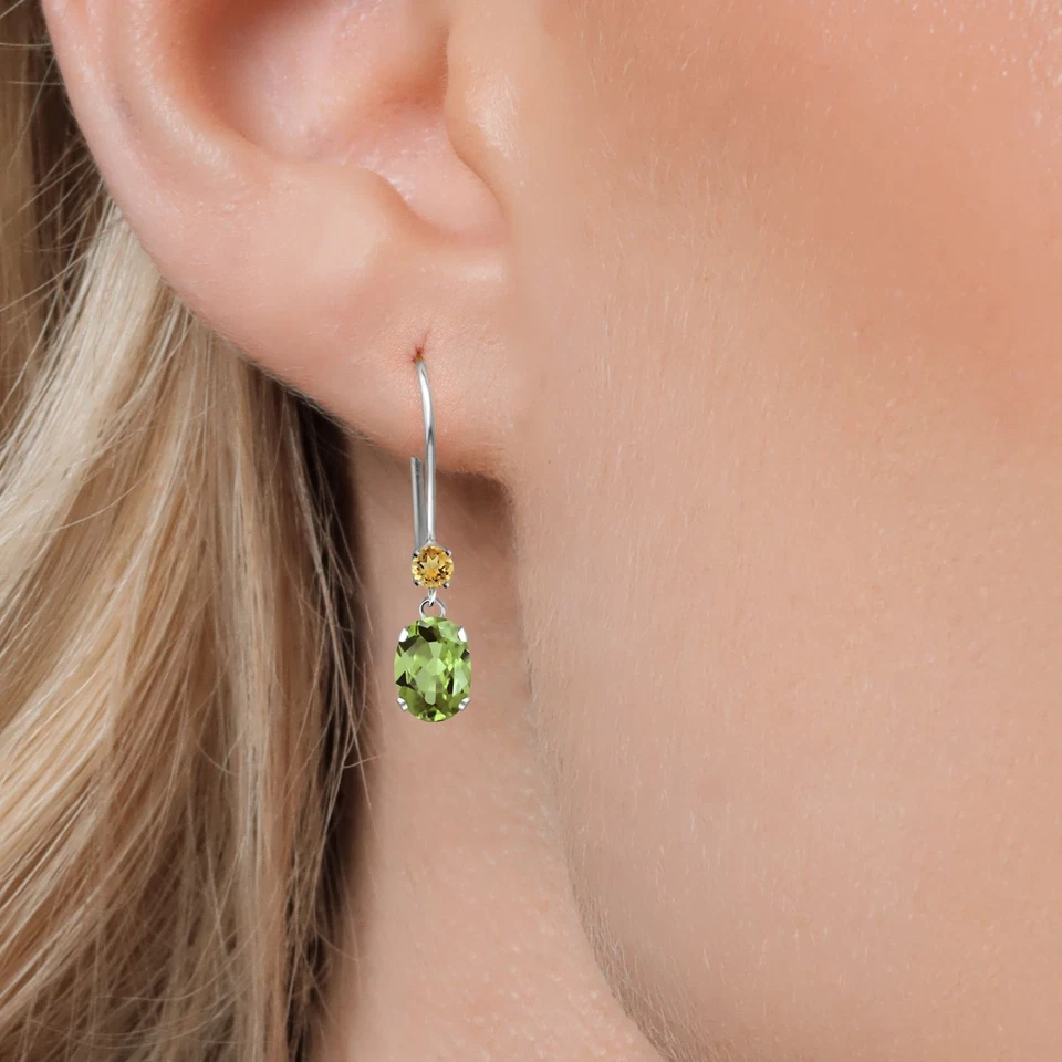 Fio pendurado em ouro branco 14K formato 6X4MM peridoto e forma 2,5MM citrino francês - Imagem 3 de 4