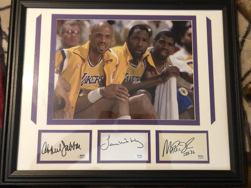Kareem Abdul Jabbar, James Worthy & Magic Johnson Lakers Signed Frame.