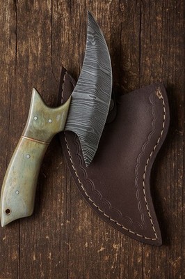 Damascus Steel Fixed Blade Alaskan Pizza Cutter Camel Bone Handle