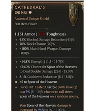 Diablo 4 Season 11 Cathedral's Song 1GA 96% Unique Shield Paladin Gear Equipment
