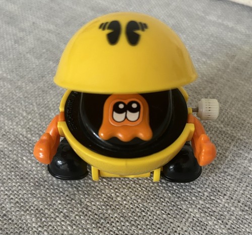 Vintage Tomy Yellow PacMan WindUp Walking Toy Figurine Works Orange Ghost Inside