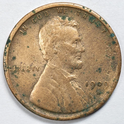 1909-S VDB Lincoln Wheat Penny Cent Very Fine (VF) Detail - Environmental Damage