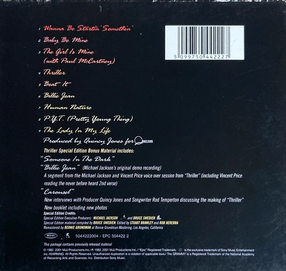 GOLD CD ALBUM MICHAEL JACKSON THRILLER REMASTERED SPECIAL EDITION SLIPCASE 2001 - Photo 2/4