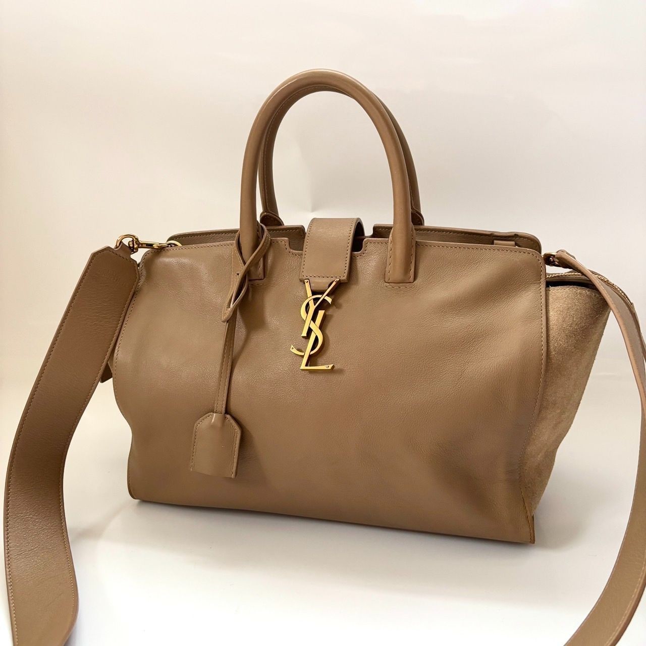 SAINT LAURENT Downtown Cabas 2WAY borsa a mano tote tracolla pelle beige con tracolla