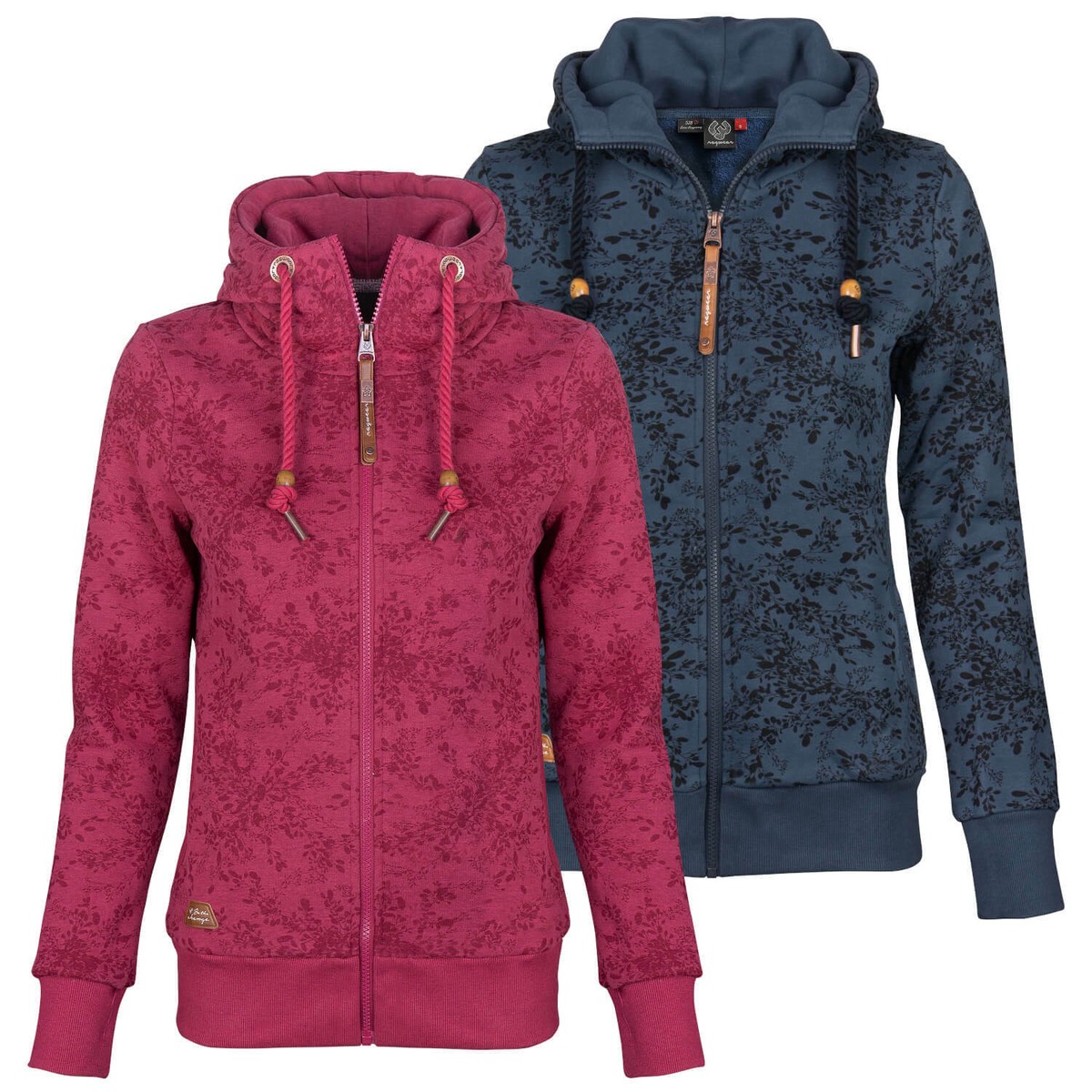 Ragwear Damen Sweatjacke Pullover Reißverschluss vegan Blumen-Muster Kapuze