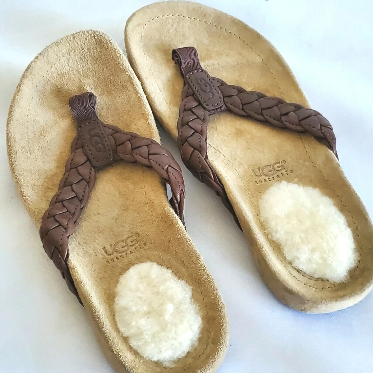 NWOB KIDS LITTLE GIRLS/BOYS SIZE 13 BROWN UGG BRAIDED LEATHER SANDALS FLIP  FLOPS