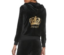 Juicy Couture Velour Track Jacket Women's Size XSmall Full Zip Hoodie Black Tie