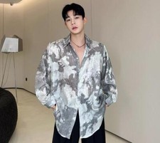 Men's Fashion Summer Lapel Long Sleeve Loose Printed Shirt Youth Casual Blouses