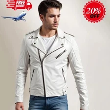 Handmade Genuine Men White Lambskin Real Leather Jacket Biker Jacket For Men