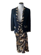Vtg 70s Adolfo Saks Fifth Avenue Black Gold Two Pc Silk Wool Long Skirt Jacket S
