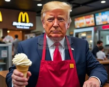 PRESIDENT DONALD TRUMP WORKING AT MCDONALDS HOLDING ICE CREAM CONE 8X10 AI PHOTO