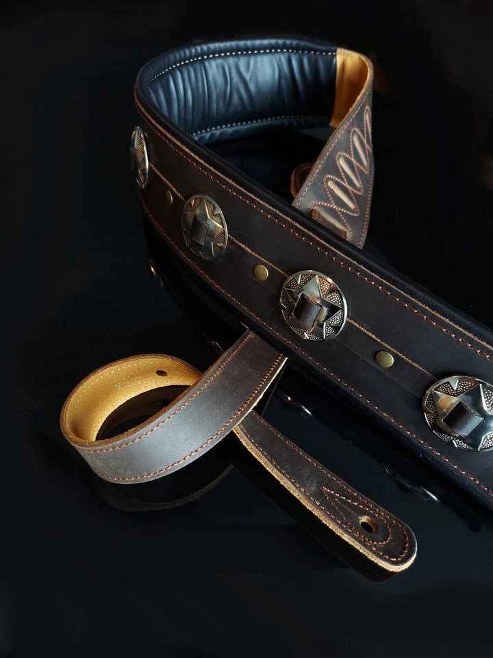 Iconic Premium Conchos 3.25" Wide Leather Padded Brown Guitar or Bass Strap - Image 2 of 4