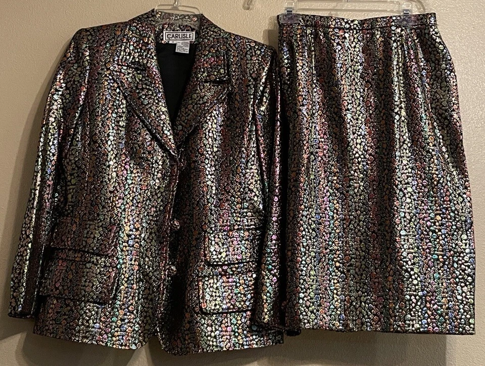 De Colección CARLISLE 2 Piezas Traje Chaqueta Falda Talla 10 Metálico Festivo Colorido Foto 2 de 4