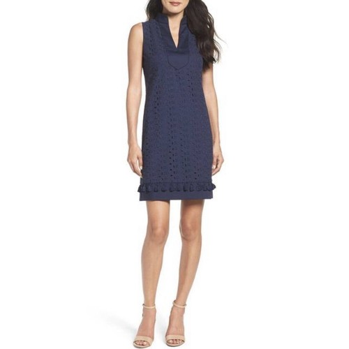 Eliza J Eyelet Shift Dress Size 10 Preppy Tassel Hem Mandarin Collar Navy  Blue | eBay