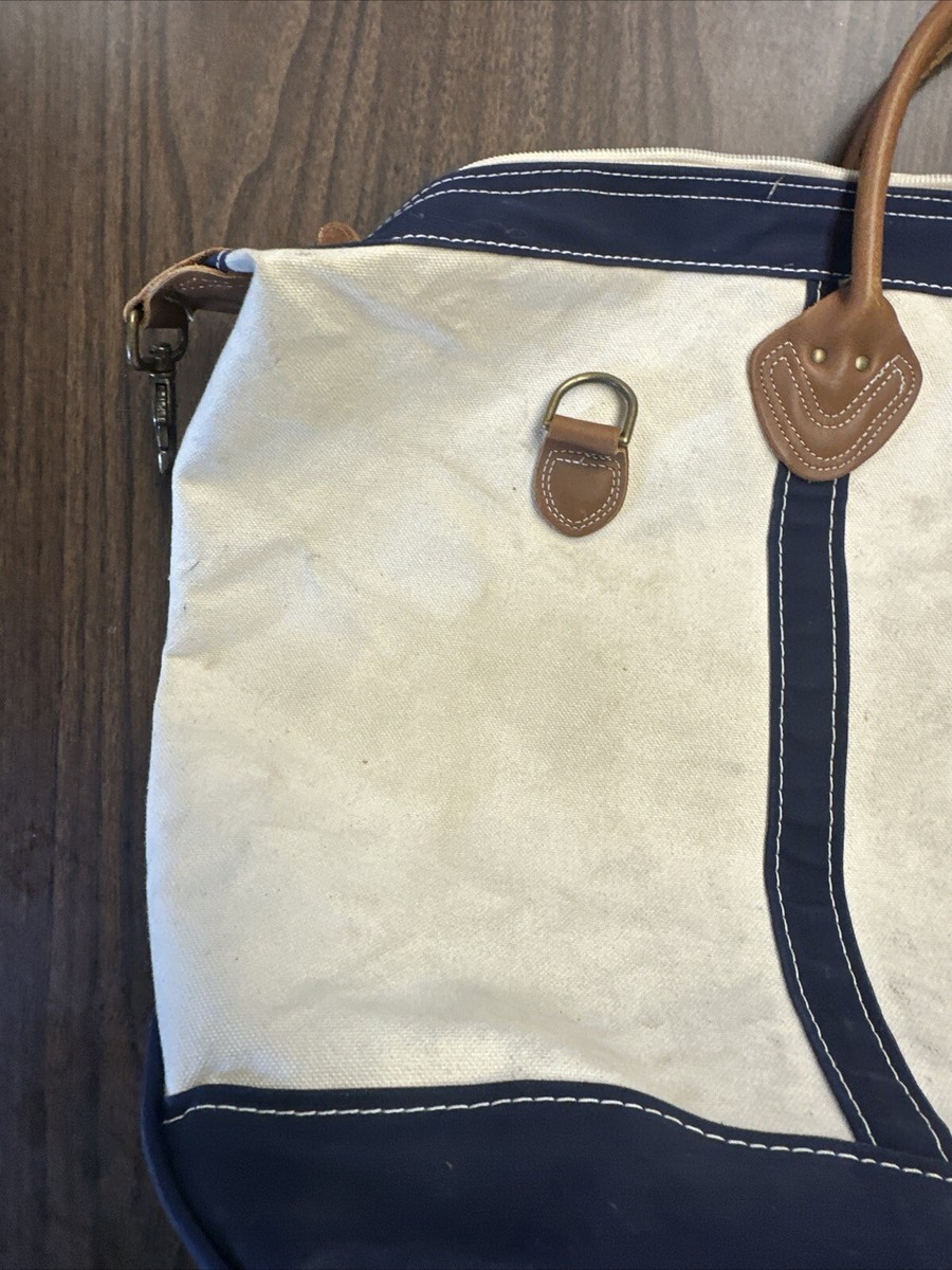 LL Bean Freeport Vintage Zipper Boat Tote Tan Blue Canvas Leather