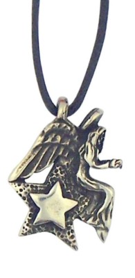 Guardian Angel of Miracles on Star 1 Inch Oxidized Silver Pendant on Cord Chain