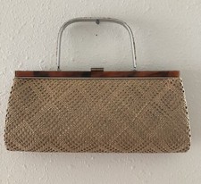 Vintage Straw Wicker Tortoise Lucite Convertible Handbag Purse Clutch
