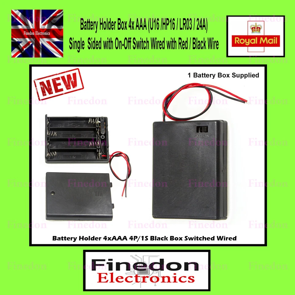 FE Battery Holder Box 4x AAA Black Switch Wired RED / Black PCB Enclosure Arduino