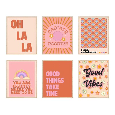 Trendy Retro Pink Aesthetic Wall Art Set of 6 Funky Inspirational Quote Poste...