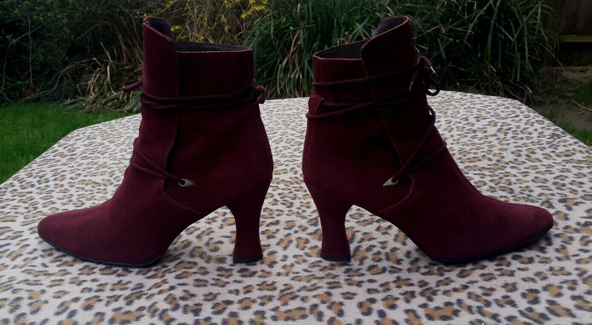 Vintage Burgundy Suede Leather Lace up High Heeled Ankle boots UK 6.5 EU 40