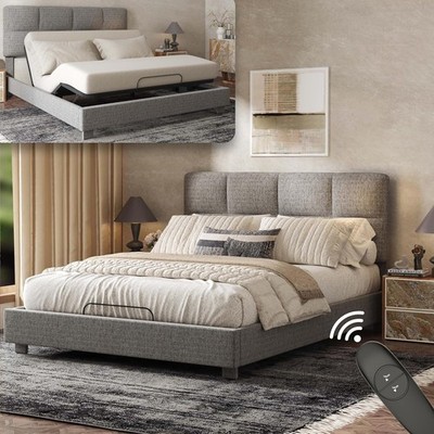 Adjustable Bed Frame Queen with Upholstered Square-Tufted Headboard