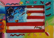 Fine unique painting – Pop art composition, US flag, signed Peter Max