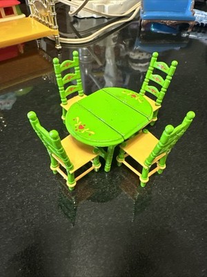 Mattel's THE LITTLES 80's dollhouse metal Green Table  Chairs Kitchen Furniture 