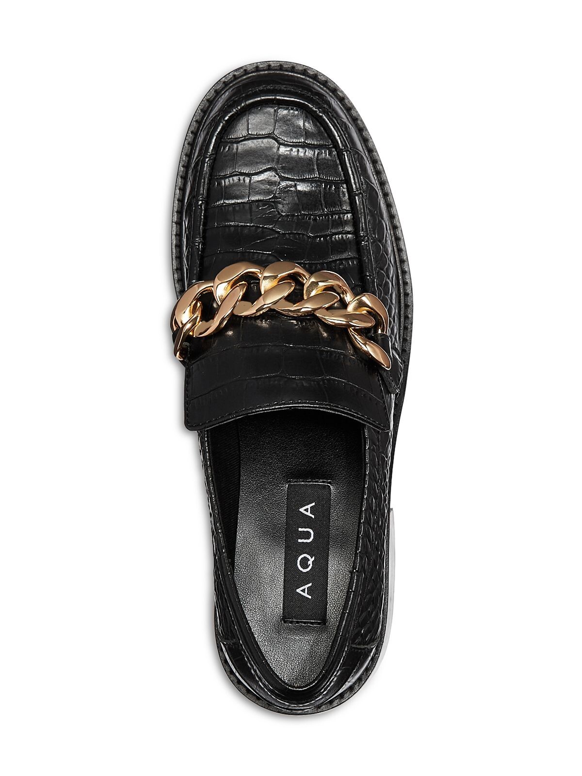 AQUA Womens Black Leather Heeled Loafers with Chain Detail Block Heel Size 6.5 M