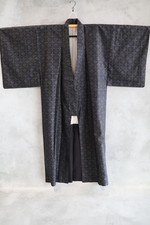 Japanese Kimono Kasuri Pattern Dark Color Traditional Silk-Style Robe Vintage