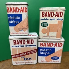 Lot of 4 VINTAGE TIN JOHNSON & JOHNSON BAND-AID SHEER STRIPS BANDAGES CANS EMPTY