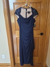 NWT Women's Alex Evenings Size 14 Style 1122068 Navy Cowl Shirring Lace Sequin