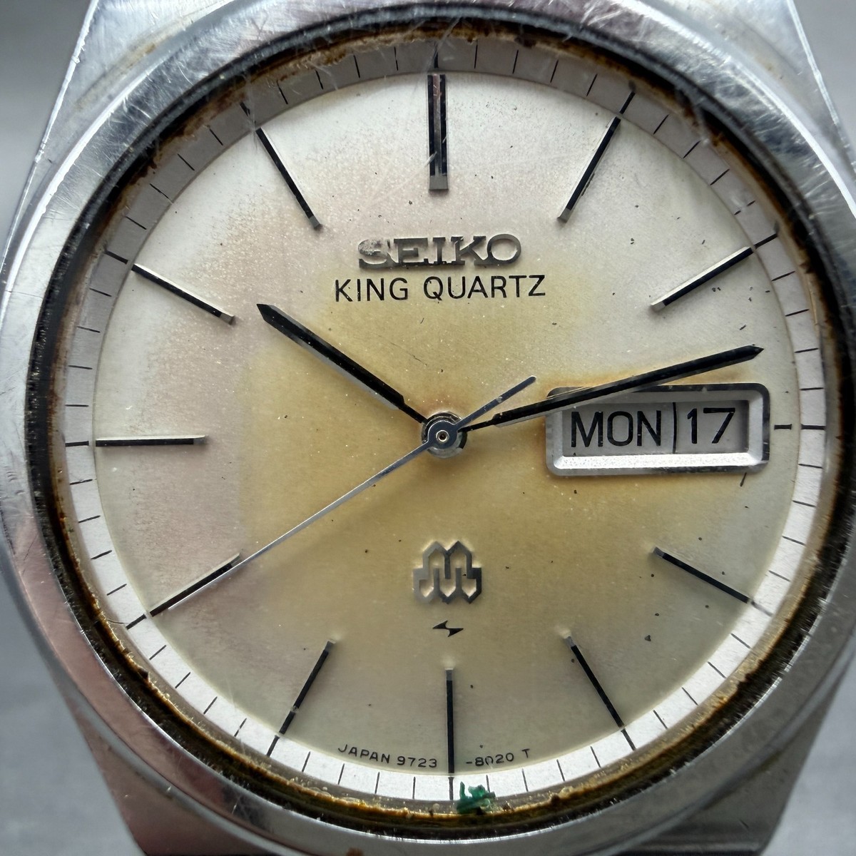 Seiko King Quartz Watch Men 35mm Silver Dial Steel Daydate 9723