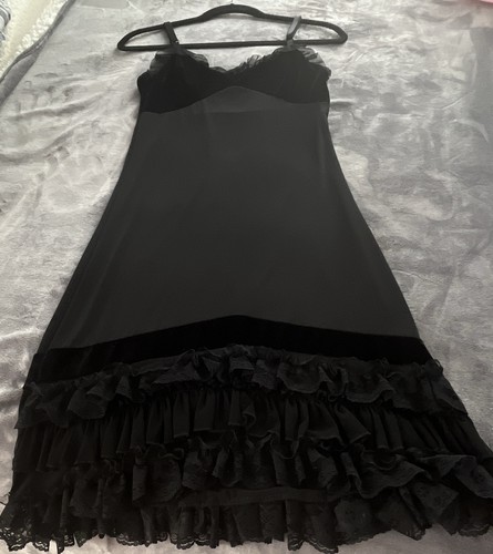 Italian Black Slip Dress, Spaghetti Straps, Lace Hem