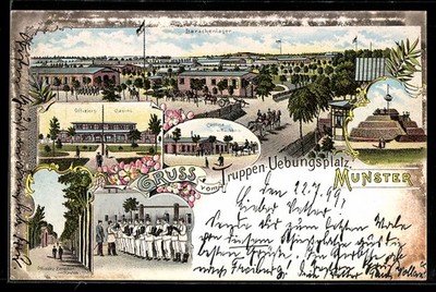 Lithographie Munster, Truppen-Übungsplatz, Barackenlager, Offiziers-Casino, Exe 