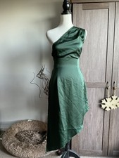 Pretty Little Thing Emerald Green Satin One Shoulder Asymmetric Hem Dress 10 Bnw