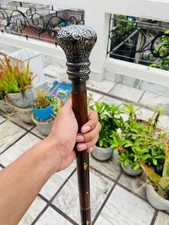 Vintage Antique Walking Cane Wooden Walking Stick Silver Brass Handle Knob Gift