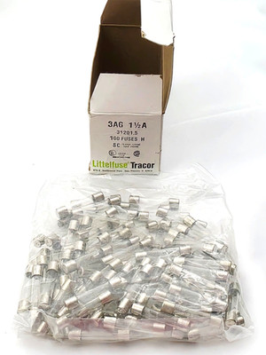 Box of 100 Littelfuse 3AG 250V 1-1/2 Amp Fast Acting 1/4'' x 1-1/4'' Glass Fuses