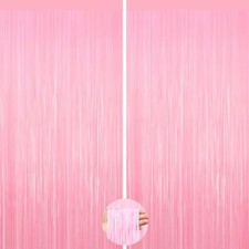 Pastel Pink Foil Fringe Curtains, 2Pack Metallic Tinsel Streamers for Party
