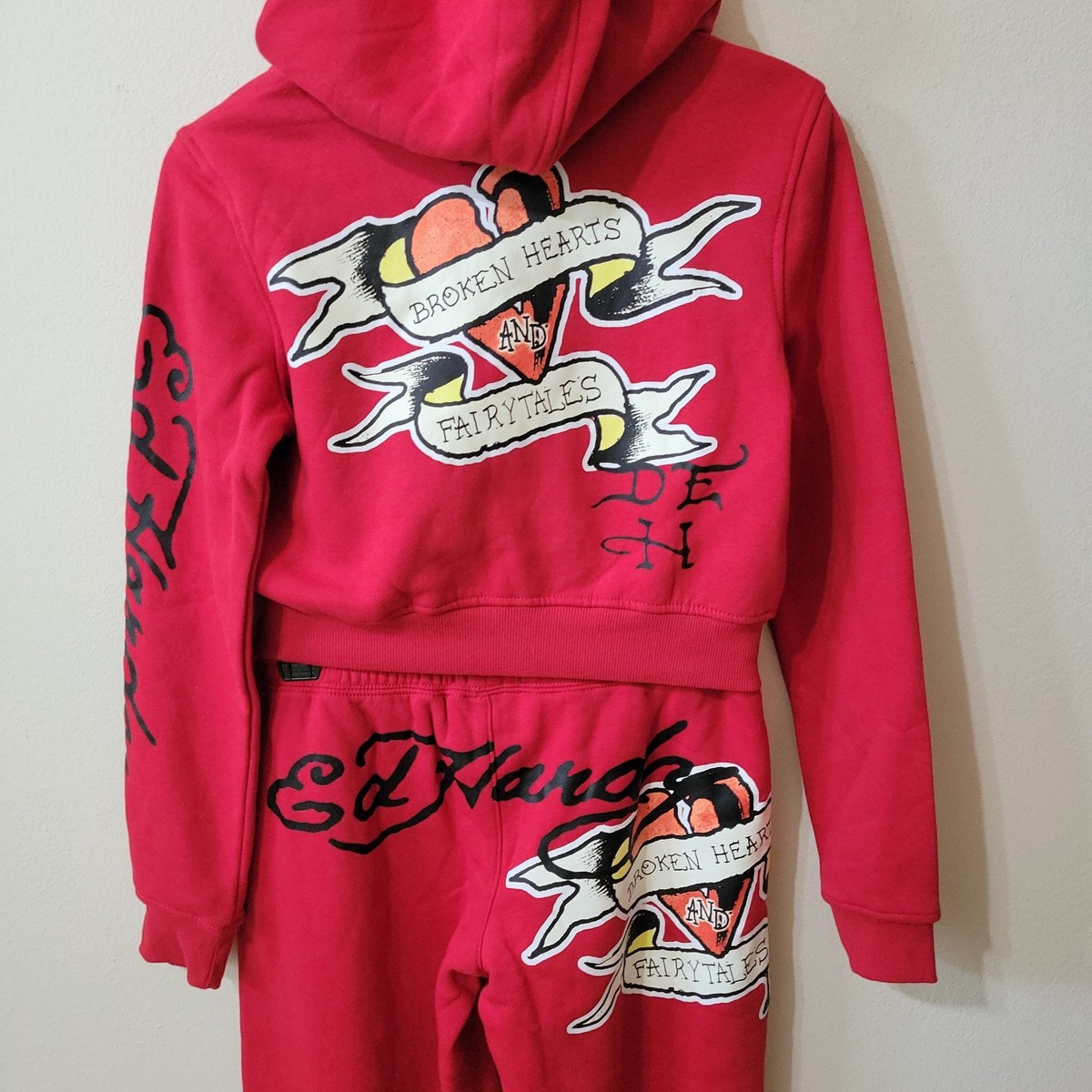 NWT ED HARDY Womens XL Crop Hoodie Pants 2 Pc Set Red Y2K Broken
