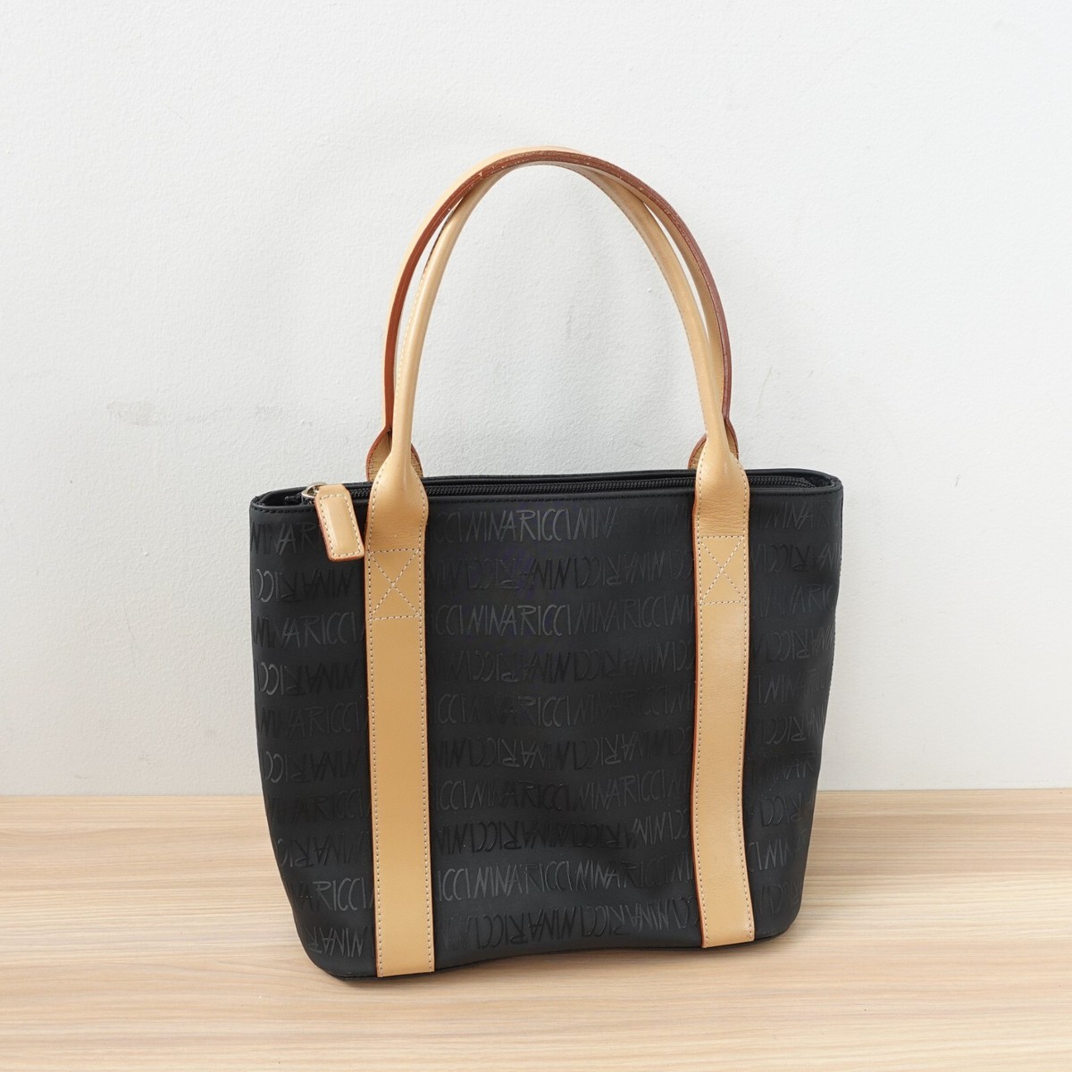 Vintage NINA RICCI Bag Medium Black Leather Monogram Zip Tote PVC