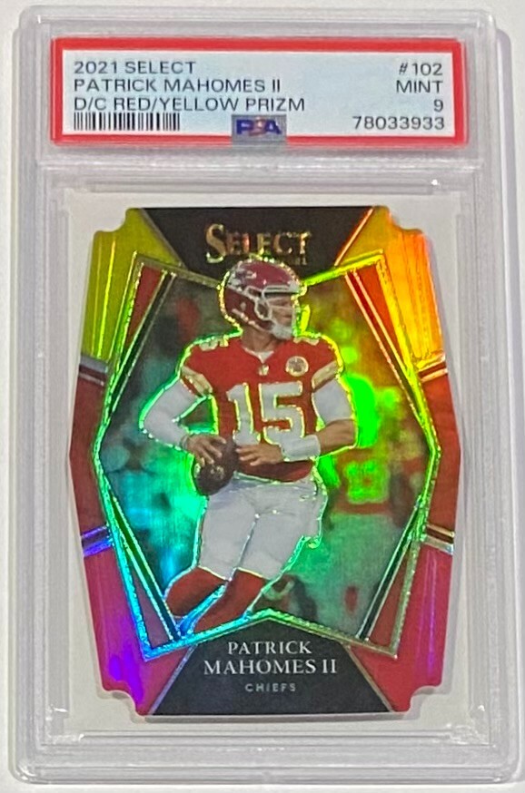 2021 SELECT PATRICK MAHOMES II RED/YELLOW PRIZM DIE-CUT SP CHIEFS #102 PSA 9 🔥