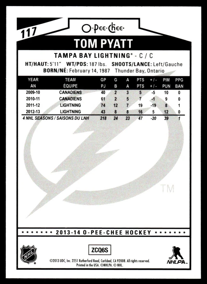 2013-14 O PEE CHEE RAINBOW Tom Pyatt Tampa Bay Lightning #117 R153 - Image 2 of 2