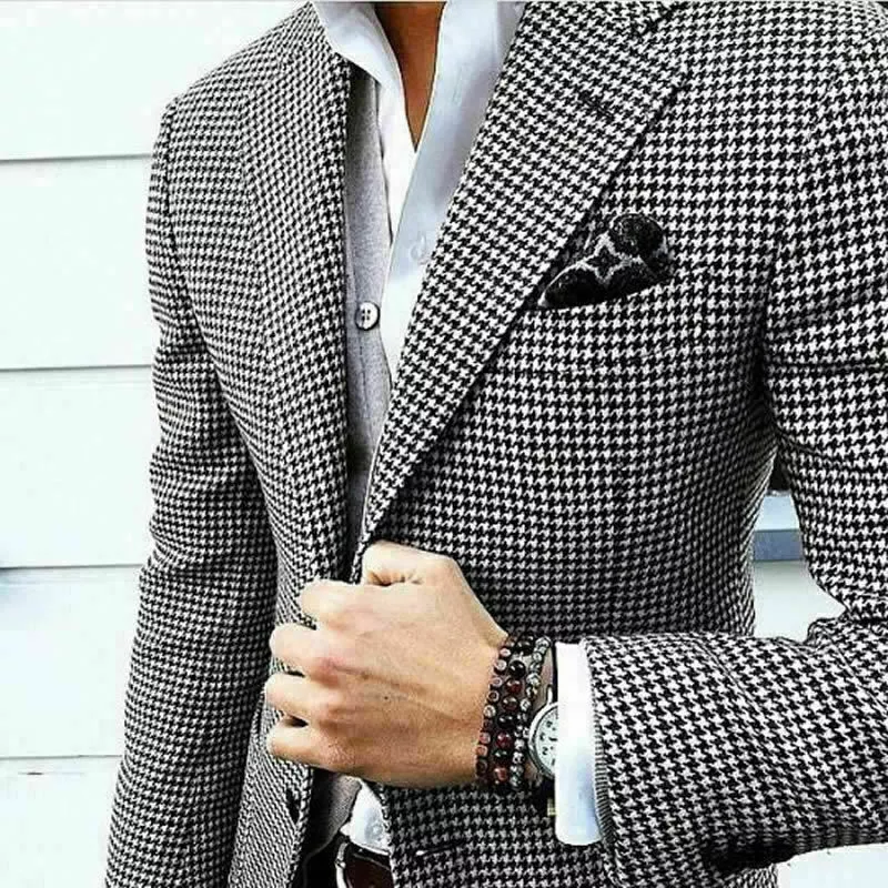 Mens Suits Slim Fit Houndstooth Jacket Coats Groom Wedding Formal