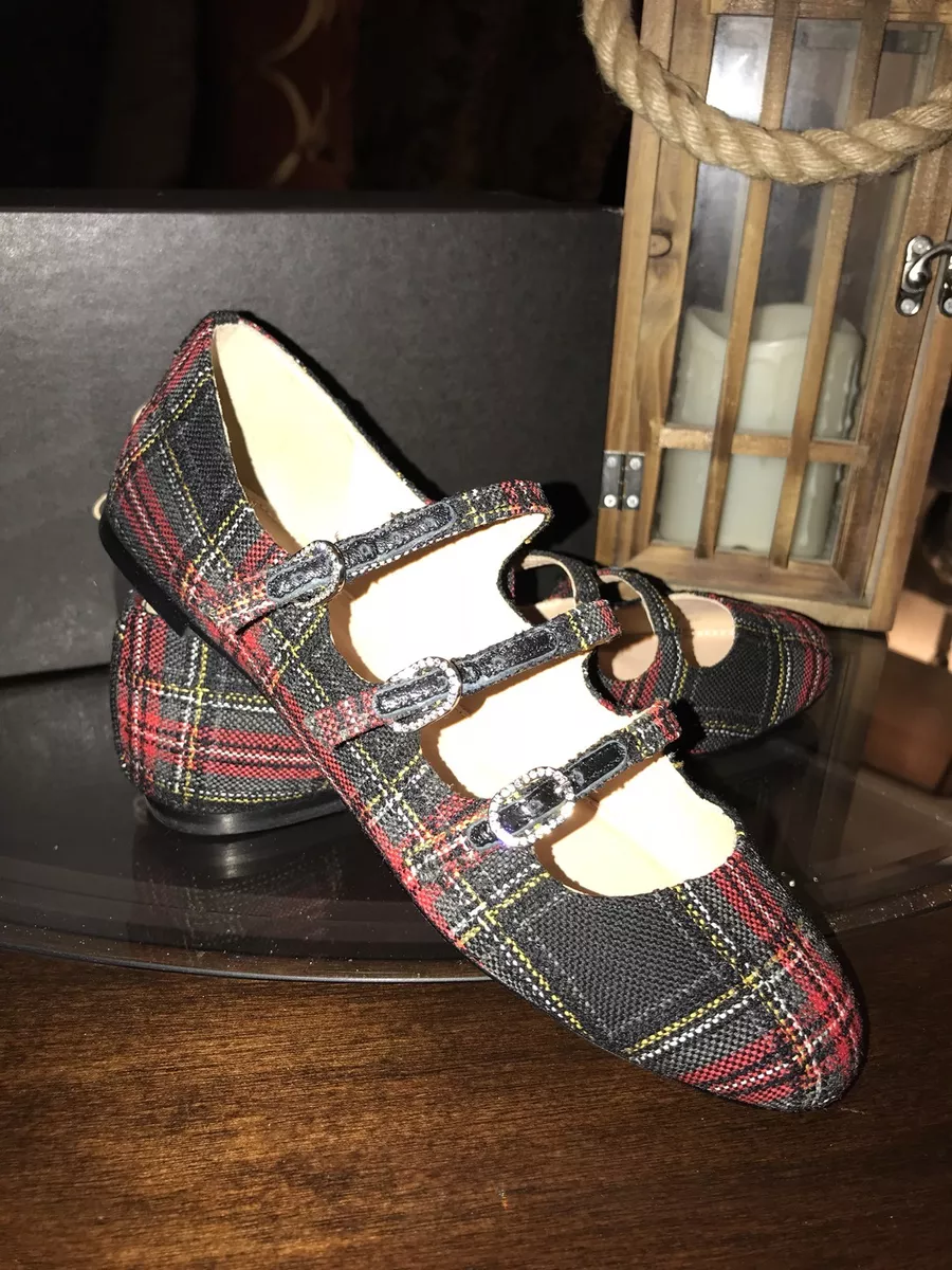 J.Crew Womens Three strap Mary Jane Flats Shoes Sz 6.5 Plaid Red