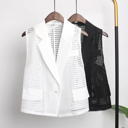 Lady Hollow Out Mesh Gilet Vest Loose Lapel Sleeveless Waistcoat Jacket Tops - Foto 2 di 17