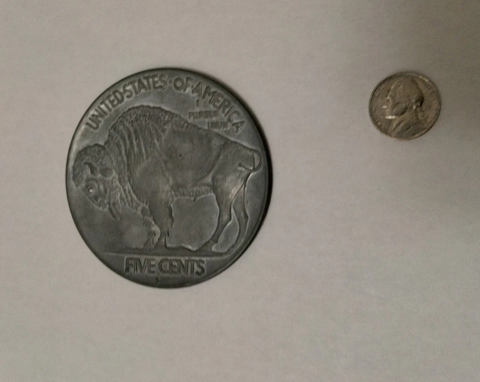 Buffalo Indian Head Nickel Vtg Large 3" Metal Medallion 1913 rp Novelty Coin - Image 4 of 4