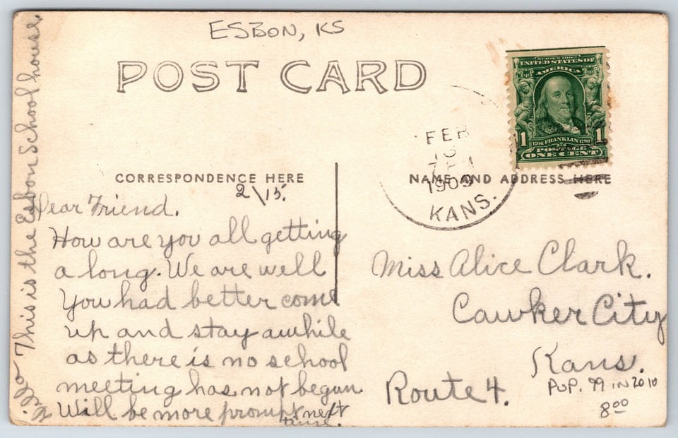 Esbon KansasThere Is No School MeetingHas Not BegunRPPC 1909 Cawker City PC eBay
