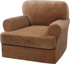 Thick Velvet 2-Piece T Cushion Sofa Cover - Camel Armchair Slipcover